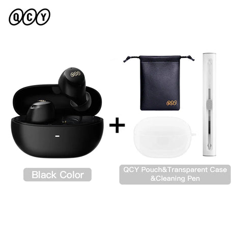 Black wireless earbuds with accessories.
