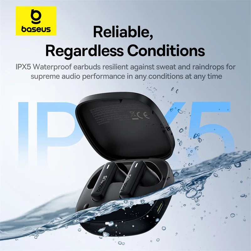 Black wireless earbuds with a charging case, showcasing water resistance.
