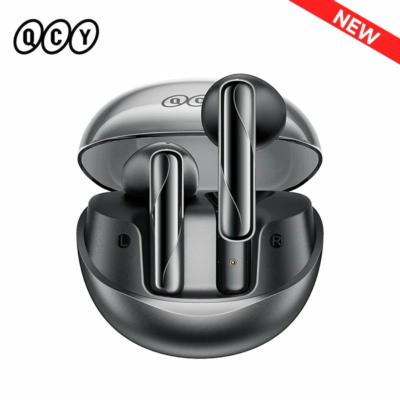 Black wireless earbuds in charging case.