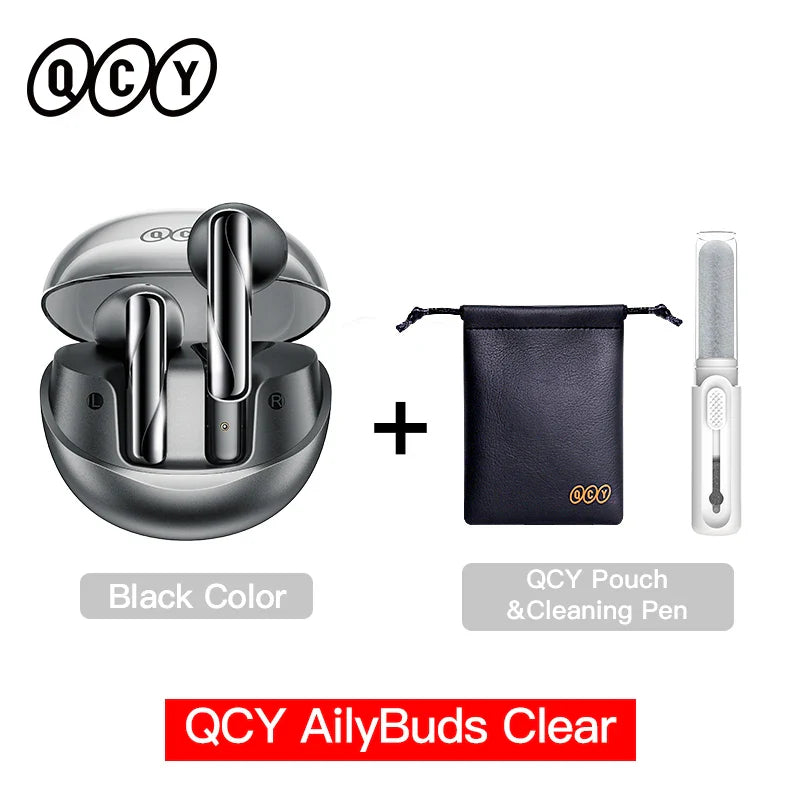 Black wireless earbuds with charging case, pouch, and cleaning pen.