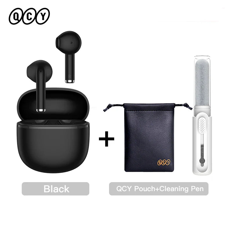 Black wireless earbuds with charging case, pouch, and cleaning pen.