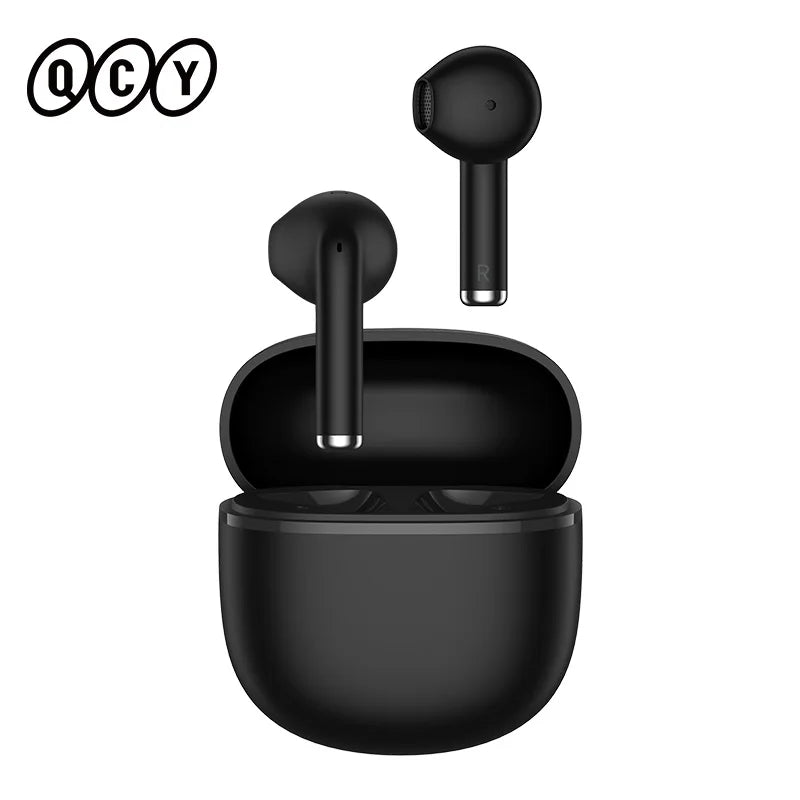 Black wireless earbuds with charging case.
