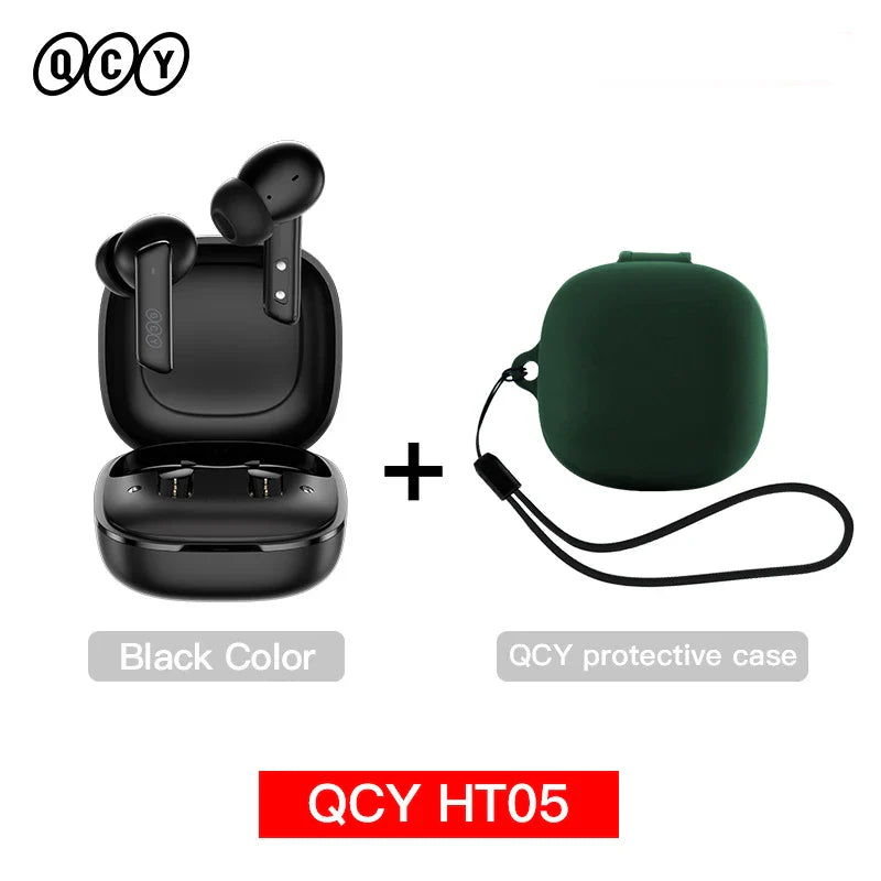 Black wireless earbuds with charging case and green protective case.
