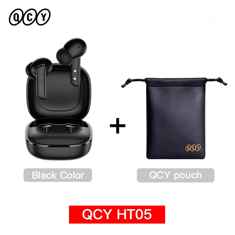 Black wireless earbuds with charging case and pouch.