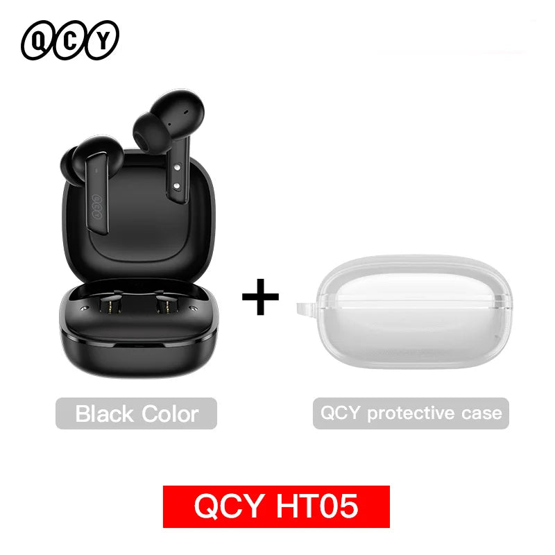 Black wireless earbuds with charging case and protective case.