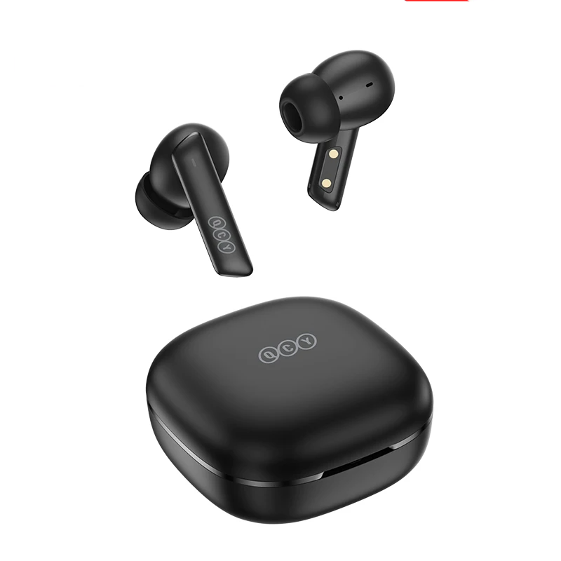 Black wireless earbuds and charging case.