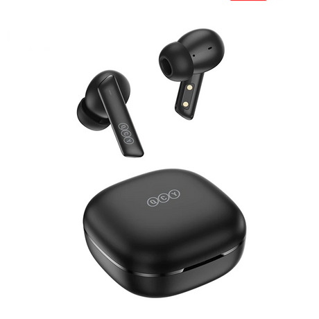 Black wireless earbuds and charging case.