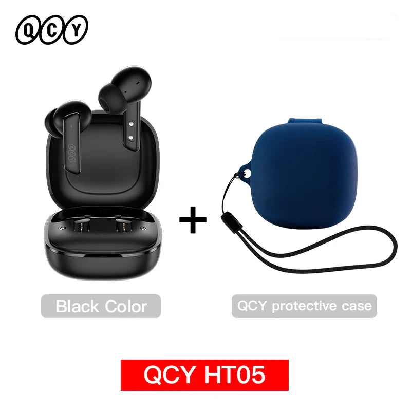 Black wireless earbuds with charging case and blue protective case.