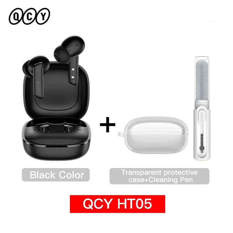 Black wireless earbuds with charging case, transparent case, and cleaning pen.