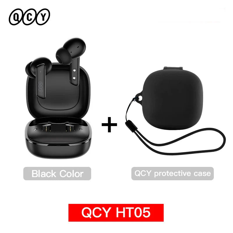 Black wireless earbuds with charging case and protective case.