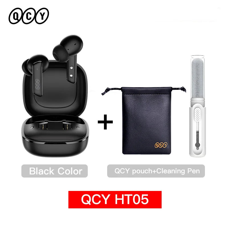 Black wireless earbuds with charging case, pouch, and cleaning pen.