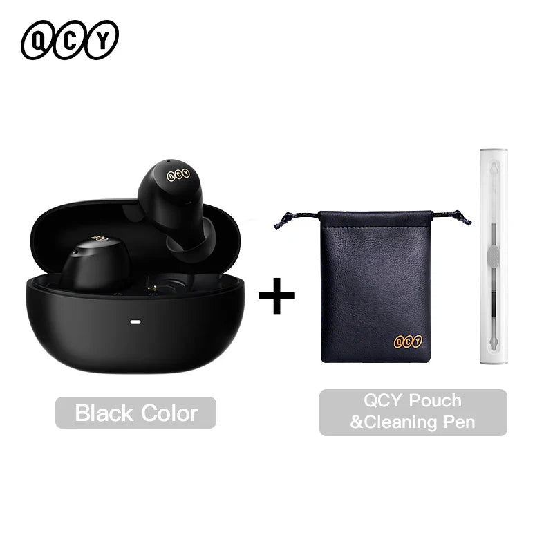 Black wireless earbuds with charging case, pouch, and cleaning pen.