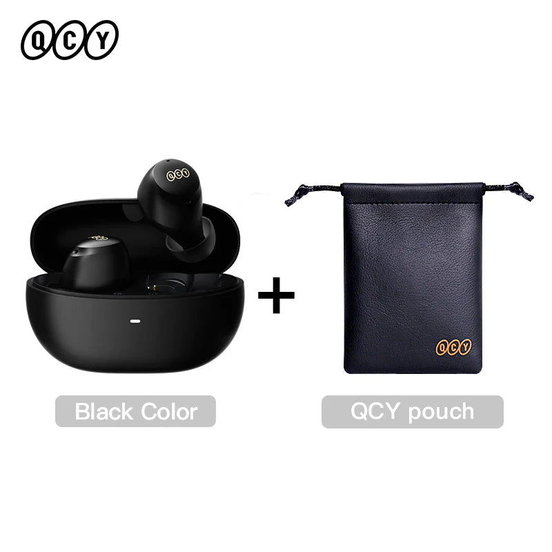 Black wireless earbuds with charging case and pouch.