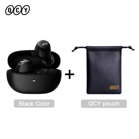 Black wireless earbuds with charging case and pouch.