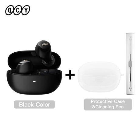 Black wireless earbuds with charging case and cleaning pen.