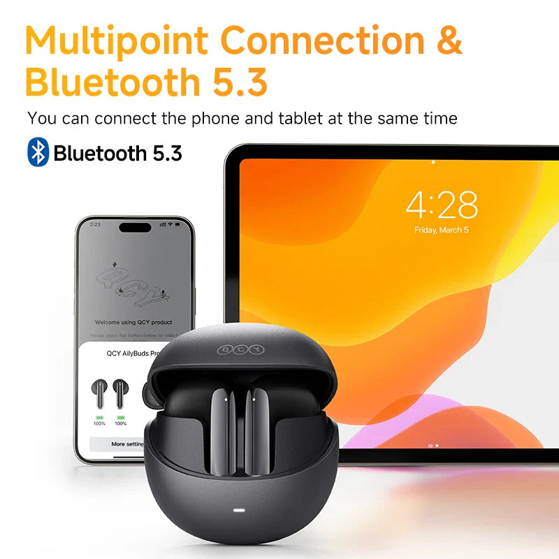 Black wireless earbuds in charging case.