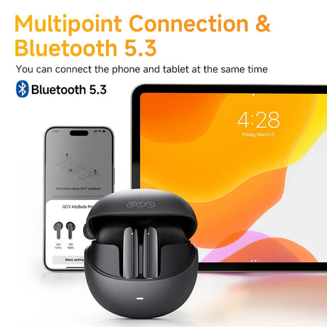 Black wireless earbuds in charging case.