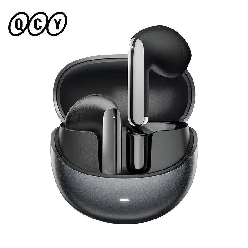 Black wireless earbuds in charging case.
