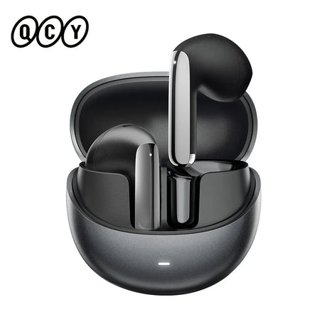 Black wireless earbuds in charging case.