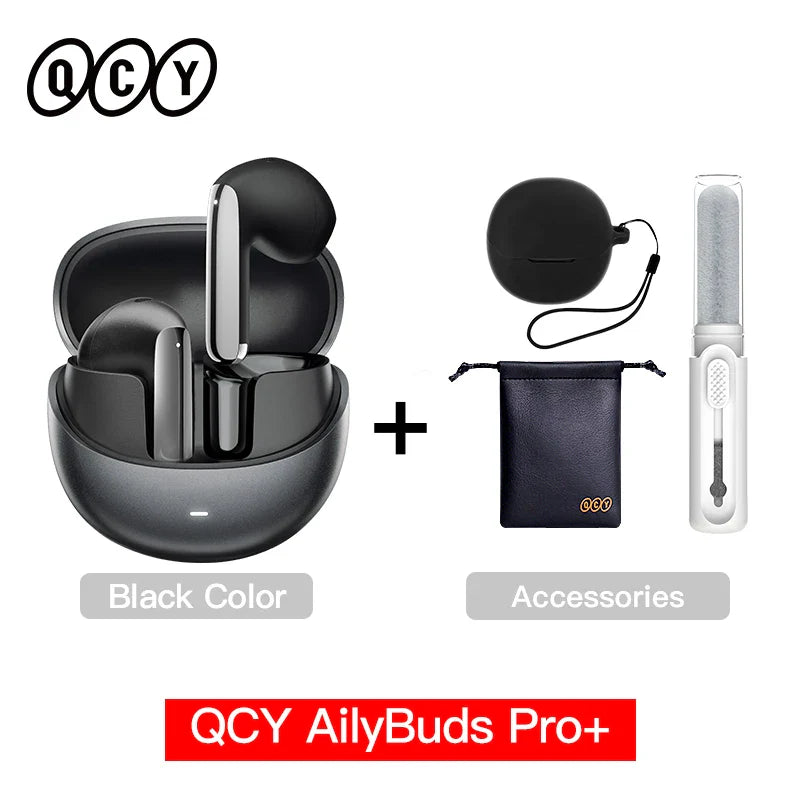 Black wireless earbuds with charging case and accessories.