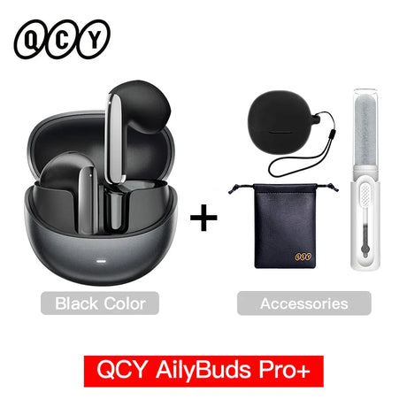 Black wireless earbuds with charging case and accessories.