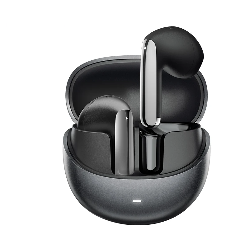 Black wireless earbuds in charging case.