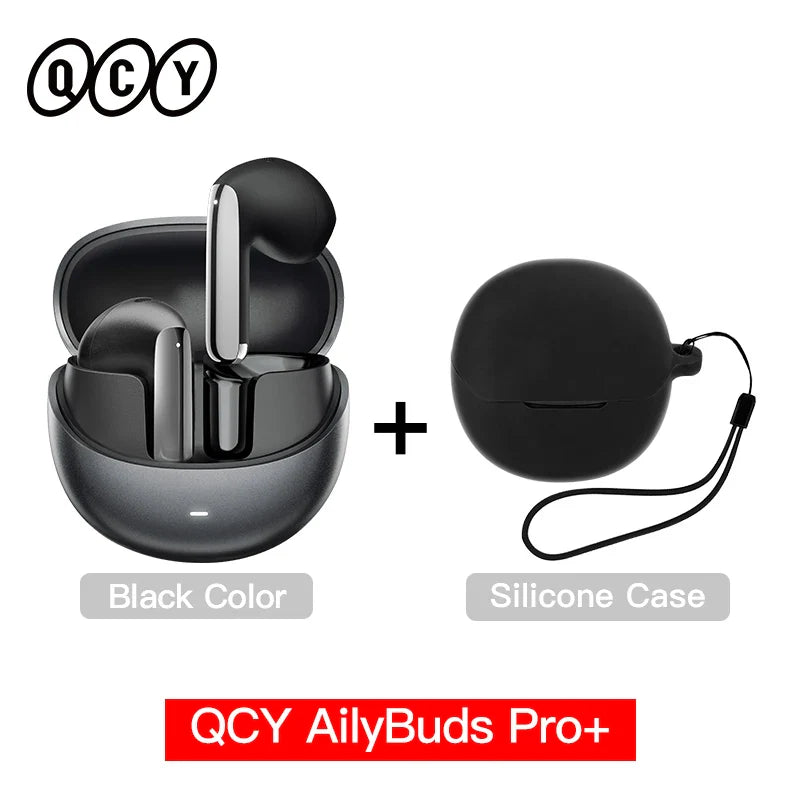 Black wireless earbuds with charging case and silicone case.
