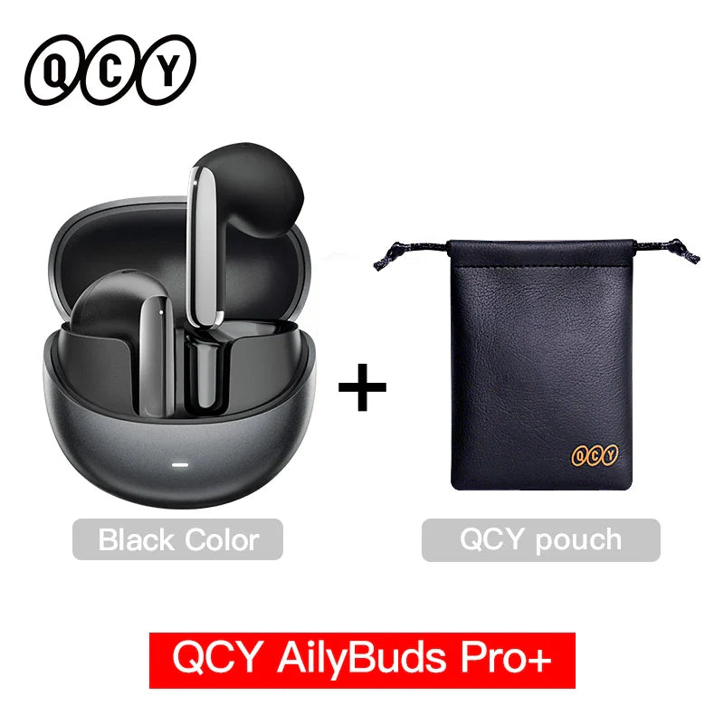Black wireless earbuds with charging case and pouch.