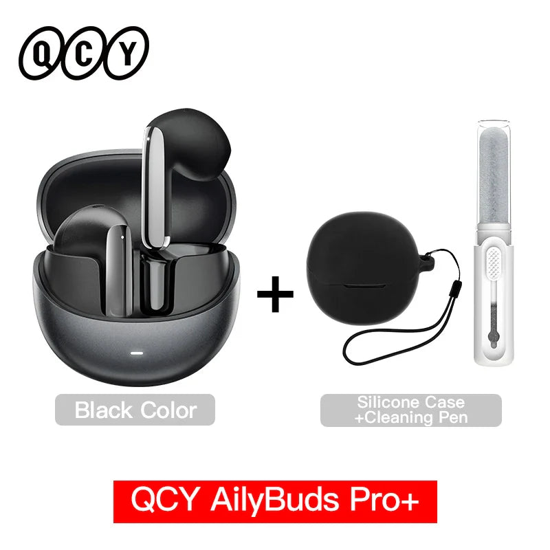 Black wireless earbuds with case and cleaning pen.