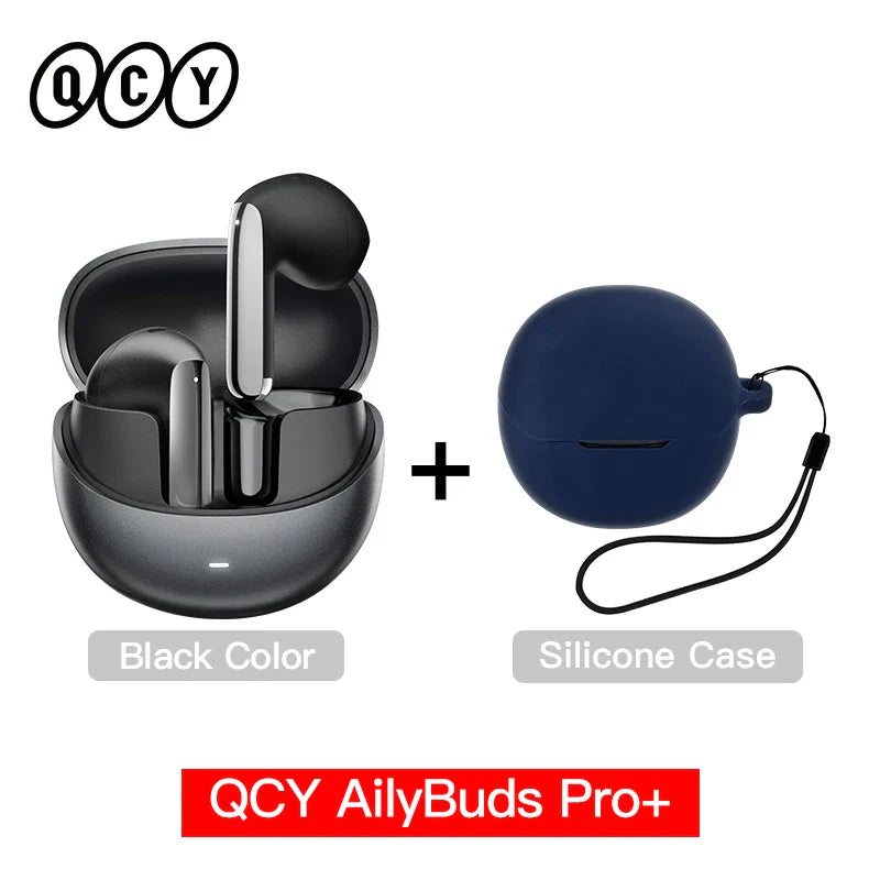 Black wireless earbuds with charging case and silicone case.