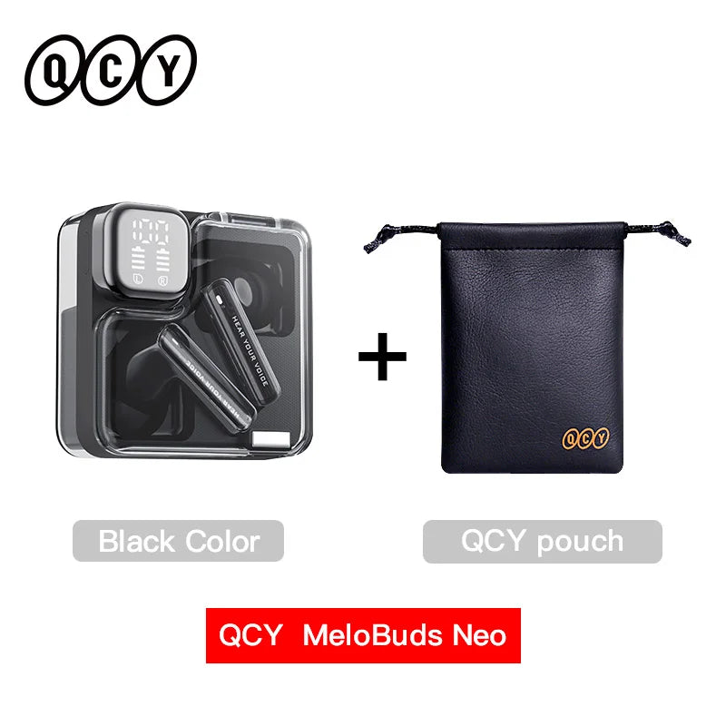 Black wireless earbuds with charging case and pouch.