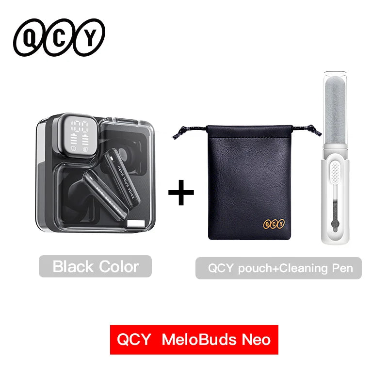 Black wireless earbuds with charging case, pouch, and cleaning pen.