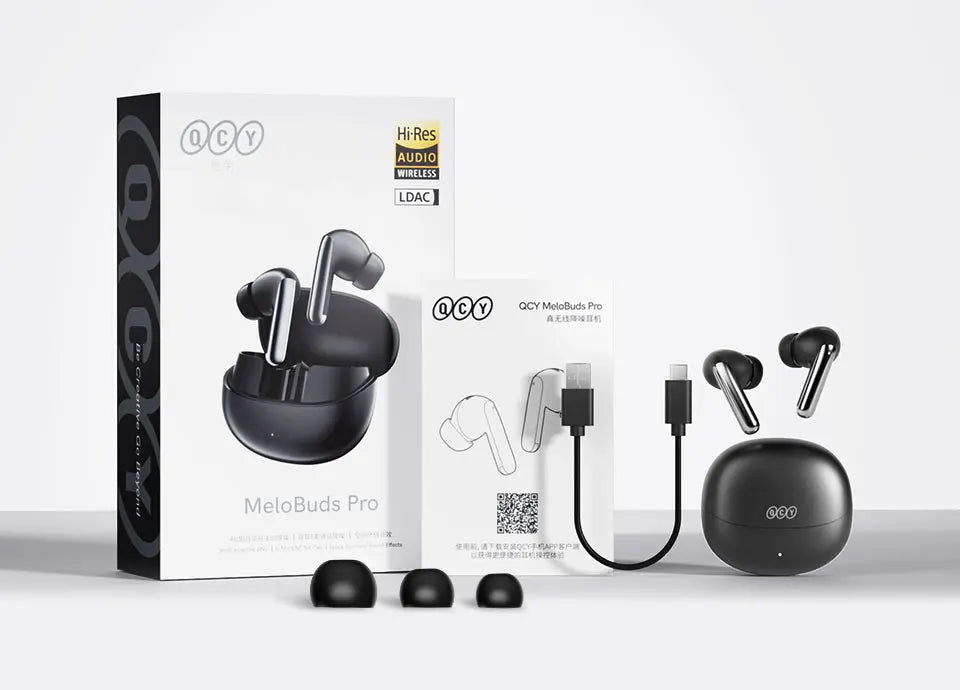 Black wireless earbuds with charging case.