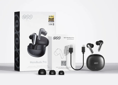 Black wireless earbuds with charging case.