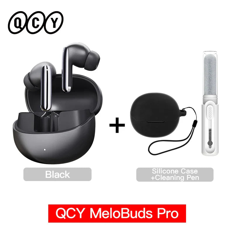 Black wireless earbuds with charging case, silicone case, and cleaning pen.