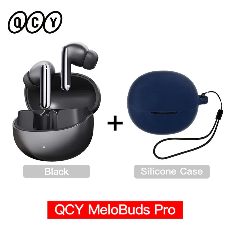 Black wireless earbuds with charging case and silicone case.