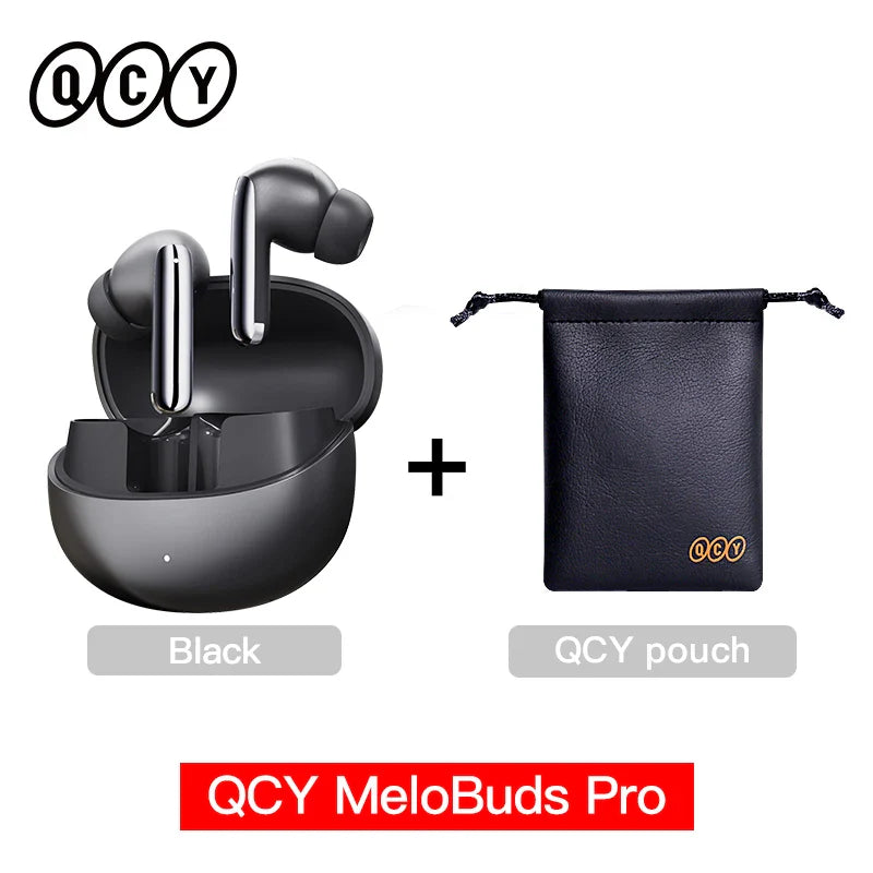 Black wireless earbuds with charging case and pouch.