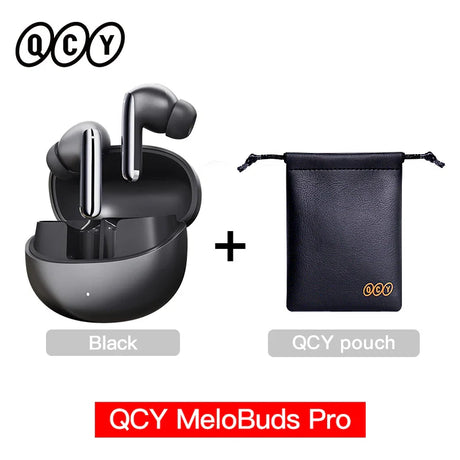 Black wireless earbuds with charging case and pouch.