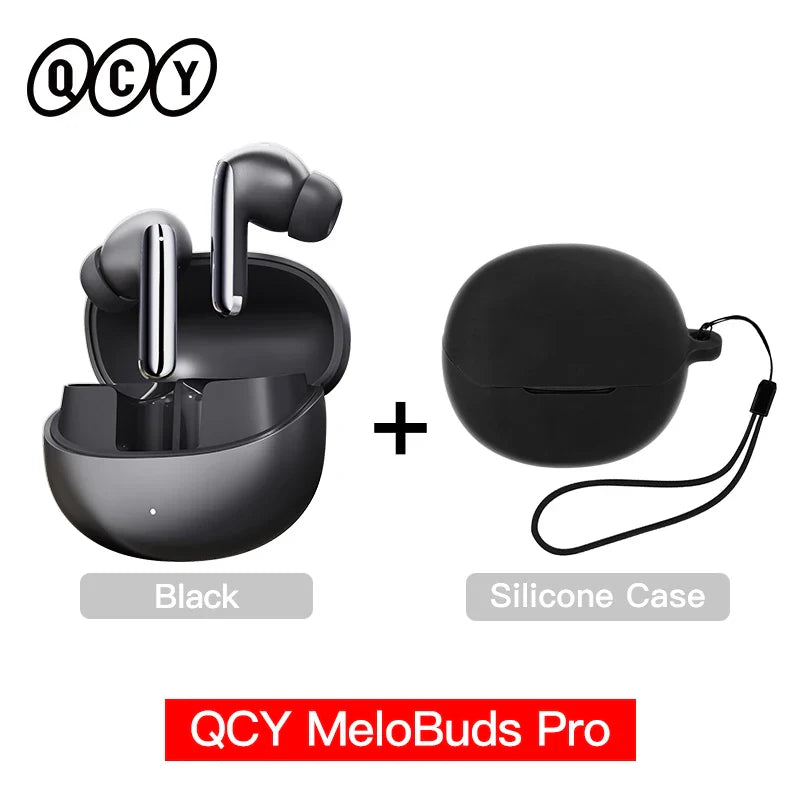 Black wireless earbuds with charging case and silicone case.