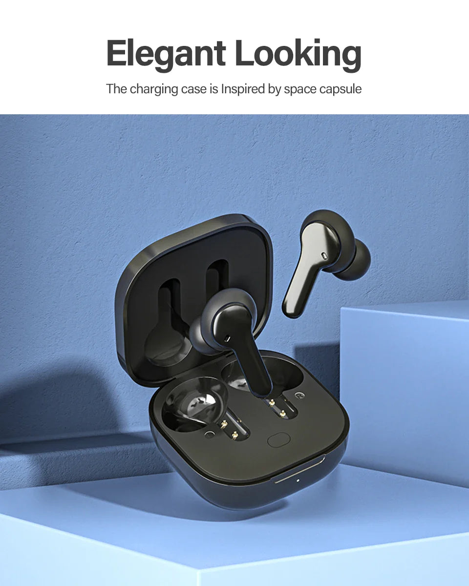 Black wireless earbuds with charging case.