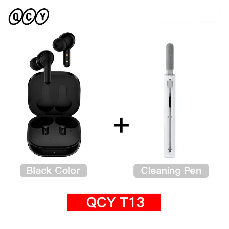 Black wireless earbuds with charging case and cleaning pen.
