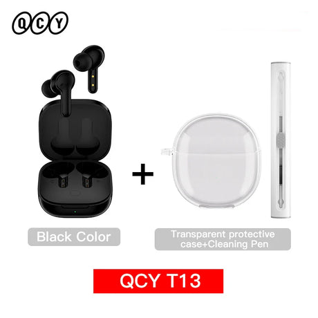 Black wireless earbuds with charging case, transparent protective case, and cleaning pen.