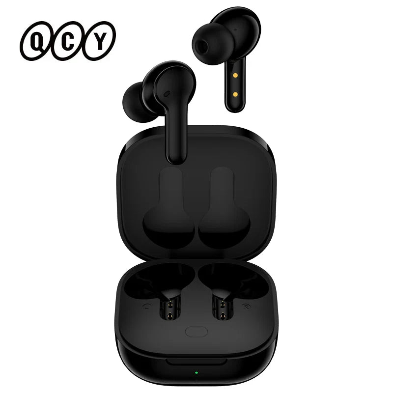 Black wireless earbuds and charging case.