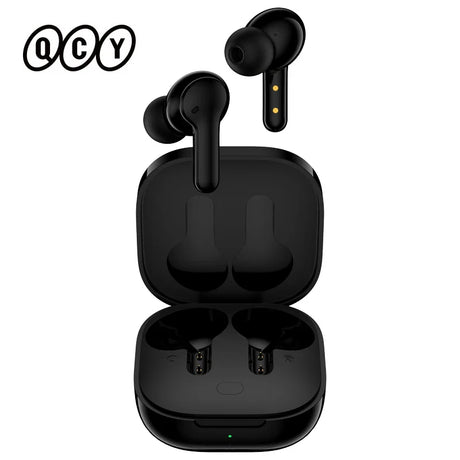Black wireless earbuds and charging case.