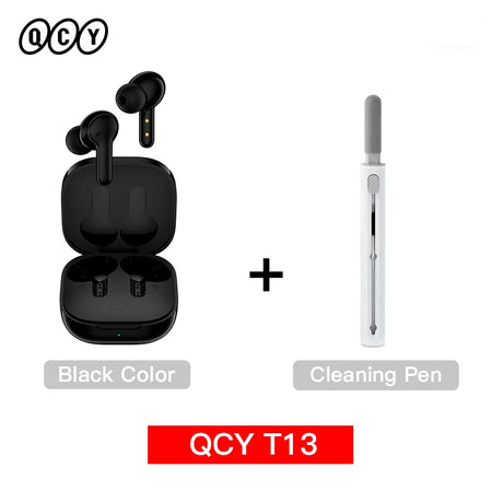 Black wireless earbuds with charging case and cleaning pen.