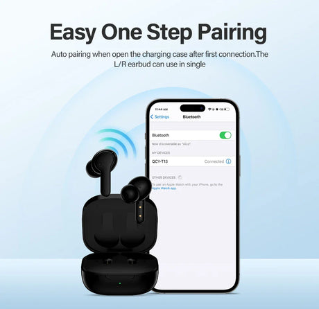 Black wireless earbuds with charging case.