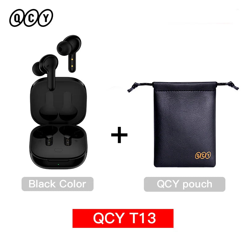 Black wireless earbuds with charging case and pouch.
