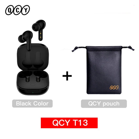 Black wireless earbuds with charging case and pouch.
