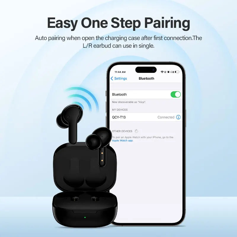 Black wireless earbuds and charging case.