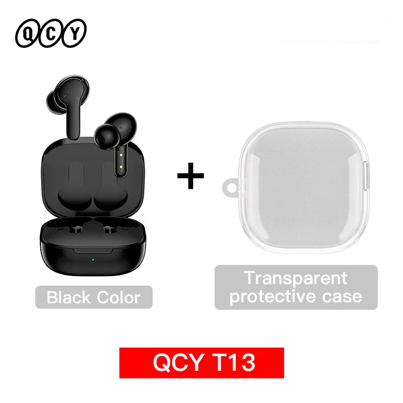 Black wireless earbuds with charging case and transparent protective case.